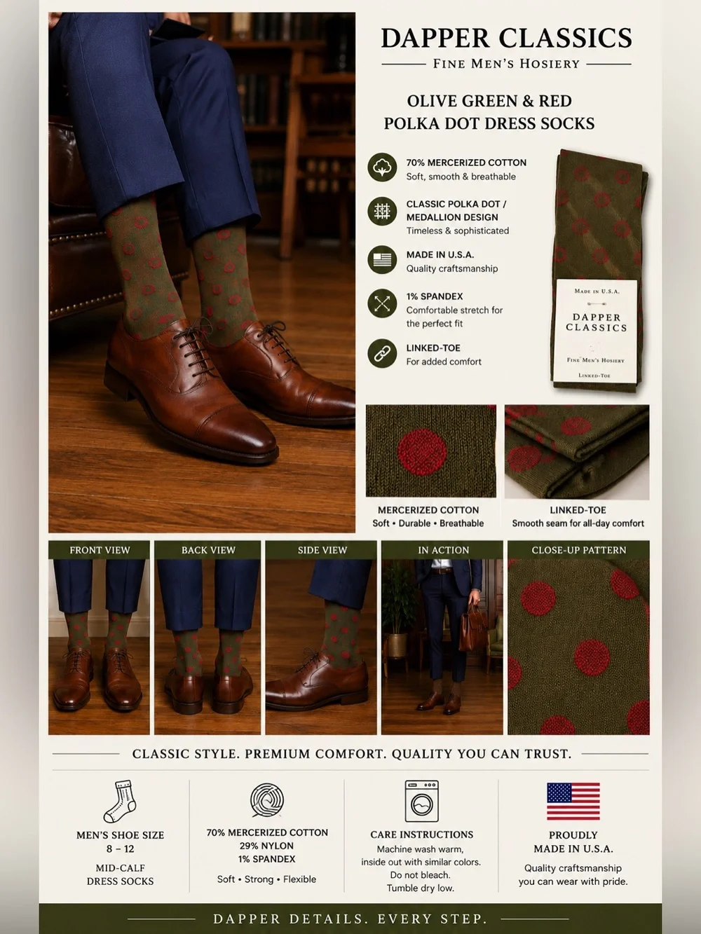 Dapper Classics Men’s Dress Socks Olive Green Red Polka Dot Mercerized Cotton
